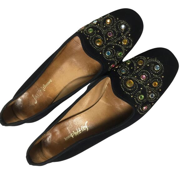 Saks Fifth Avenue Flats Gem Embellished Black Velvet Round Toe Slip On Loafer 7 - Picture 8 of 13